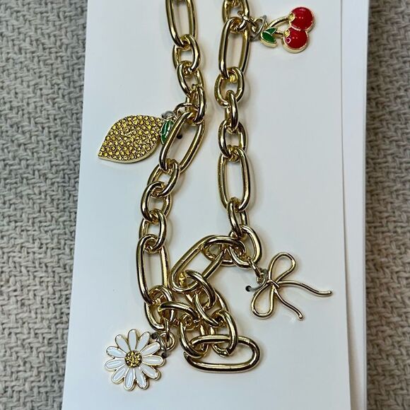 Bauble Bar Phone Charm Wristlet NEW Gold Lemon Cherry Daisy Bow 12 inch - Picture 6 of 8